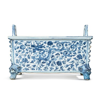 View full screen - View 1 of Lot 3642. A rare and large imperial blue and white rectangular 'dragon' incense burner, Ming dynasty, Zhengde period | 明正德 青花穿花龍紋長方熏爐.