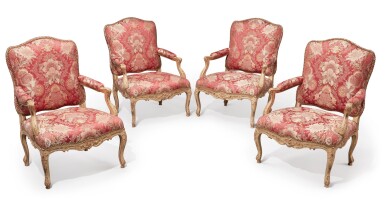 View full screen - View 1 of Lot 15. Four Early Louis XV Carved Giltwood Fauteuils à la Reine, Circa 1730.