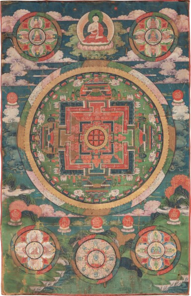 View full screen - View 1 of Lot 13. A thangka depicting a mandala of Vairochana, Qing dynasty, 18th century | 清十八世紀 普明大日如來曼荼羅唐卡 設色布本.