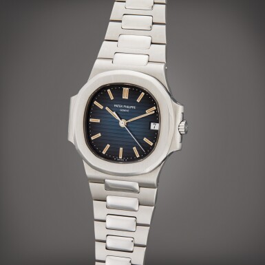 View full screen - View 1 of Lot 438. Reference 3800/001 Nautilus | A stainless steel automatic wristwatch with date and bracelet, Circa 1985.