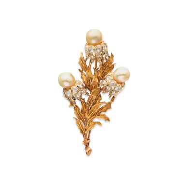 View full screen - View 1 of Lot 377. Gold, Cultured Pearl and Diamond Clip-Brooch.