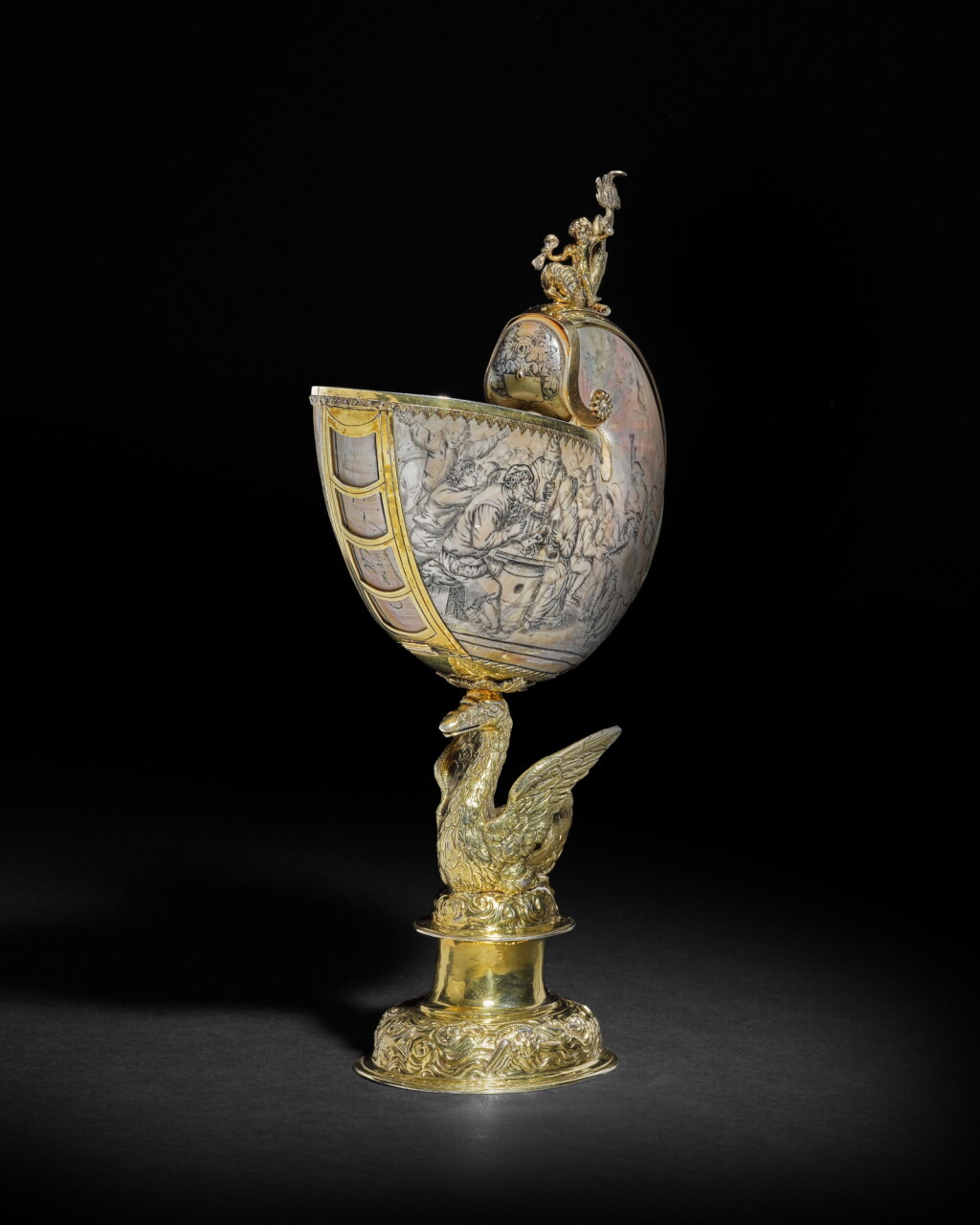 View full screen - View 1 of Lot 244. A Dutch silver-gilt-mounted nautilus shell, Cornelis Bellekin, Amsterdam, late 17th century.