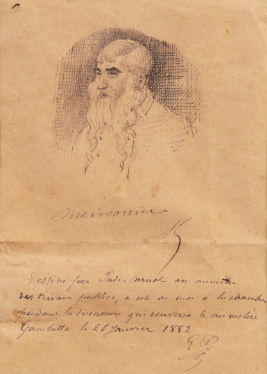 View full screen - View 1 of Lot 157. Dessin original signé, 1882. Portrait d'Ernest Meissonier annoté par le député Pinault..
