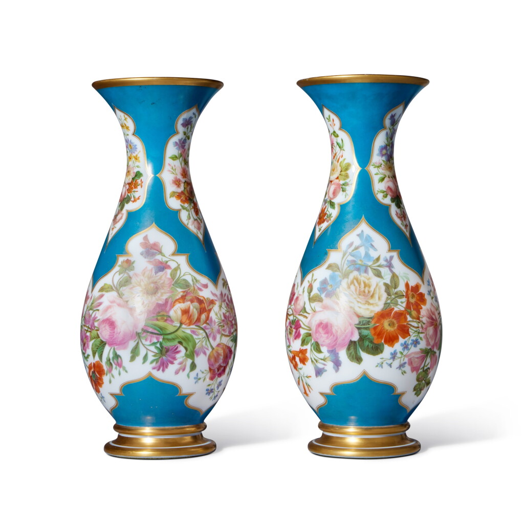 View full screen - View 1 of Lot 242. A Pair of Baccarat Opaque-White Painted Glass Vases, Circa 1885.