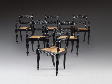 View full screen - View 1 of Lot 119. A set of six Anglo-Indian ebony armchairs, Ceylon, mid-19th century | Suite de six fauteuils en ébène, travail anglo-indien, Ceylan, milieu du XIXe siècle.