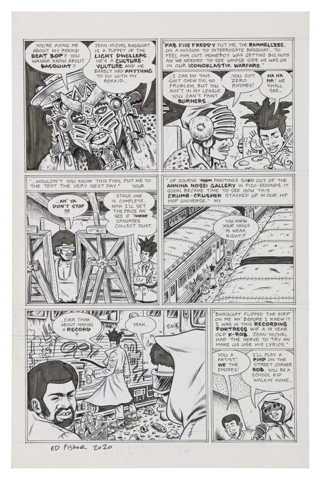 View full screen - View 1 of Lot 13. ED PISKOR | "Ramellzee & Basquiat". Original artwork from page 75, volume 2 of "The Hip Hop Family Tree", 2015.