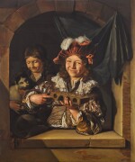 Two boys with a mousetrap and a cat at a window