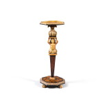 A Louis XIV giltwood, Rio rosewood, ebony and holly marquetry gueridon and candlestick, partly circa 1680 | Guéridon porte-torchère en bois doré et marqueterie d'ébène, houx et palissandre de Rio en partie d'époque Louis XIV, vers 1680