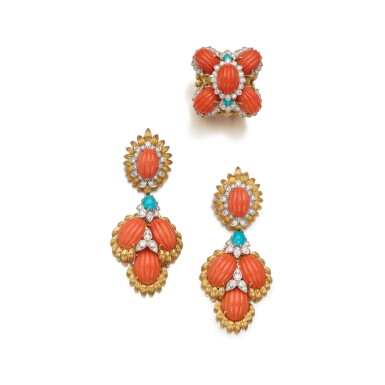 View full screen - View 1 of Lot 310. Gold, Coral, Turquoise and Diamond Ring and Pair of Pendant-Earclips.