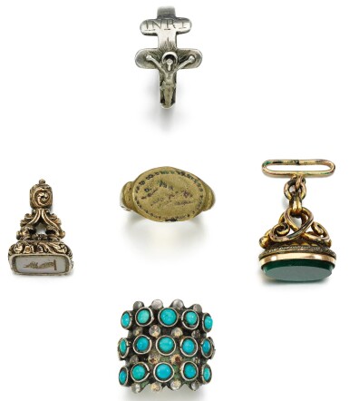 View full screen - View 1 of Lot 234. TWO VICTORIAN FOB SEALS AND THREE RINGS.