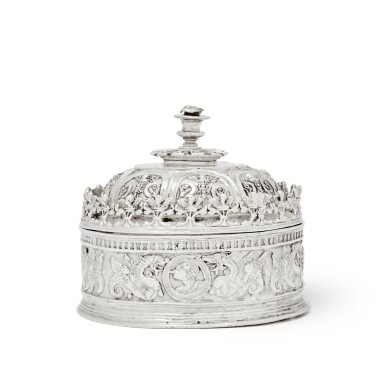 View full screen - View 1 of Lot 285. An Early Mexican Silver Pyx, Domingo de Orona, Mexico City, Circa 1566-72.