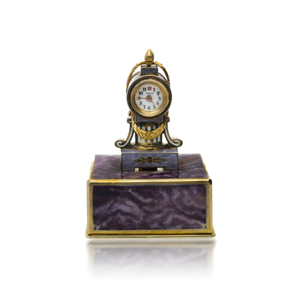 View full screen - View 1 of Lot 177. FRENCH | A MINIATURE GILT METAL AND ENAMEL BOUDOIR CLOCK, CIRCA 1880.