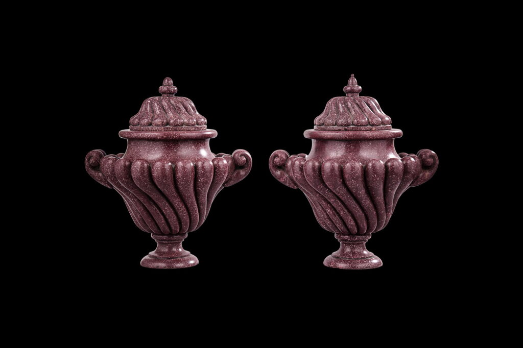 View full screen - View 1 of Lot 15. A Pair of Louis XIV Carved Egyptian Porphyry Vases with Covers, Probably Rome, Second Half 17th Century.