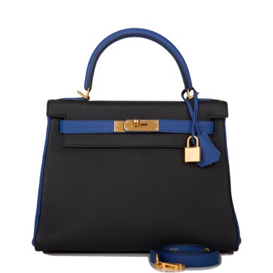 View full screen - View 1 of Lot 112. Black and Blue Electric Clemence Leather HSS Retourne Kelly 28 Brushed Gold Hardware, 2019.