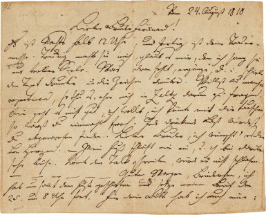 View full screen - View 1 of Lot 79. F. Schubert. Fine lengthy autograph letter to his brother Ferdinand, 4 pages, Zseliz, 24-25 August 1818.