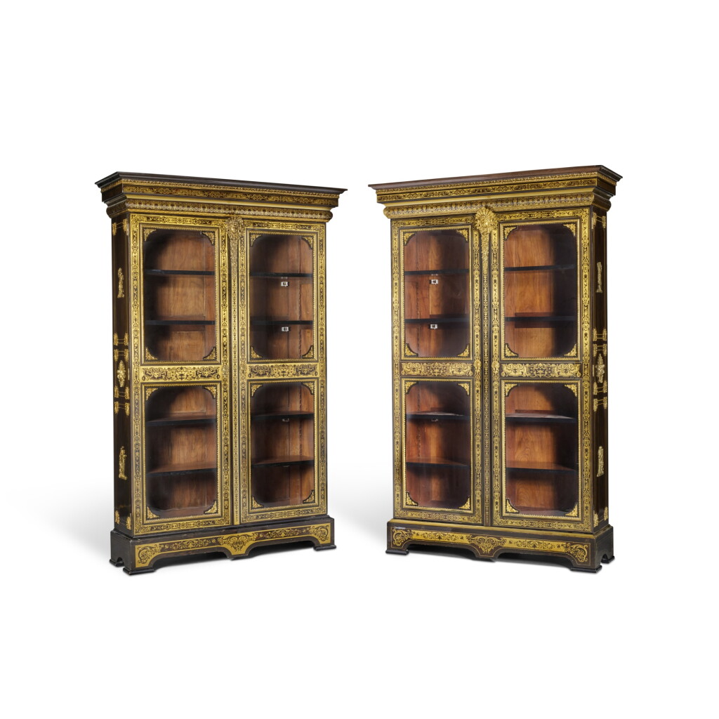 View full screen - View 1 of Lot 9. A Pair of Louis XIV Style Boulle Première-and Contre-Partie Marquetry Tortoiseshell Veneer and Brass Inlaid Ebony Bibliothèques, in the Manner of Nicolas Sageot, 19th Century .