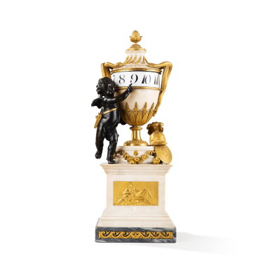 View full screen - View 1 of Lot 11. A Louis XVI style white marble, gilt and patinated bronze mantel clock.