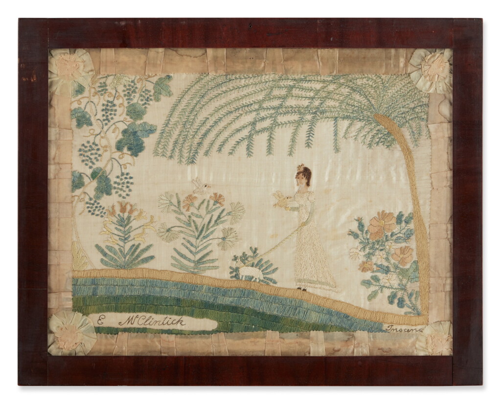 View full screen - View 1 of Lot 278. An Embroidered and Painted Silkwork Picture of Silkwork of Evelyn McClintic and Her Dog, Innocence, Pennsylvania, 1826.