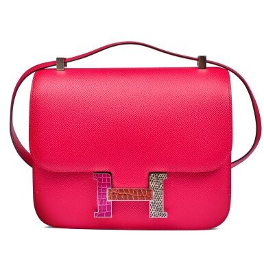 View full screen - View 1 of Lot 9. Limited Edition Rose Extrême Epsom Constance 24 Rose Pourpre and Miel Shiny Alligator, Ombré Lizard and Palladium Hardware, 2021.