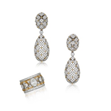 View full screen - View 1 of Lot 327. Two-Color Gold and Diamond Ring and Pair of Pendant-Earclips.