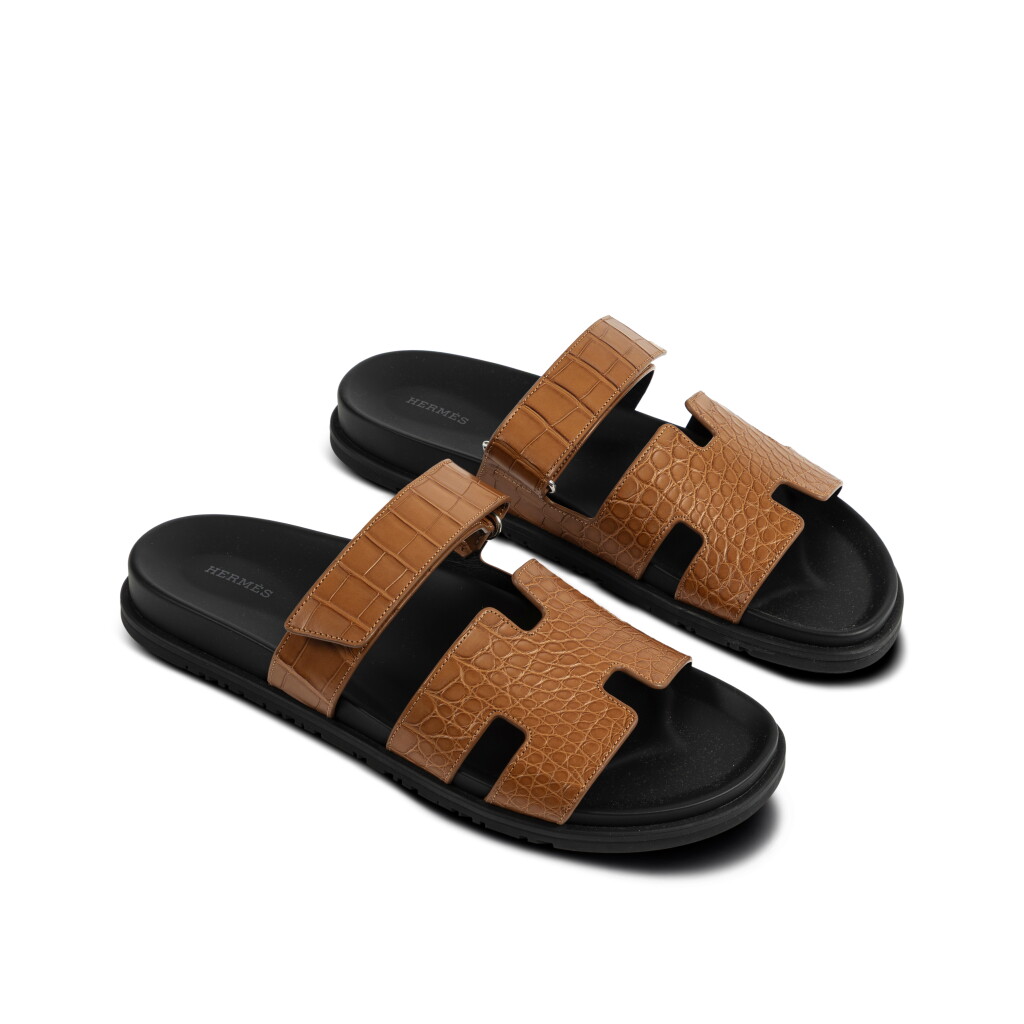View full screen - View 1 of Lot 787. Brun Fumé Matte Mississippiensis Alligator Chypre Sandals, Size 45.