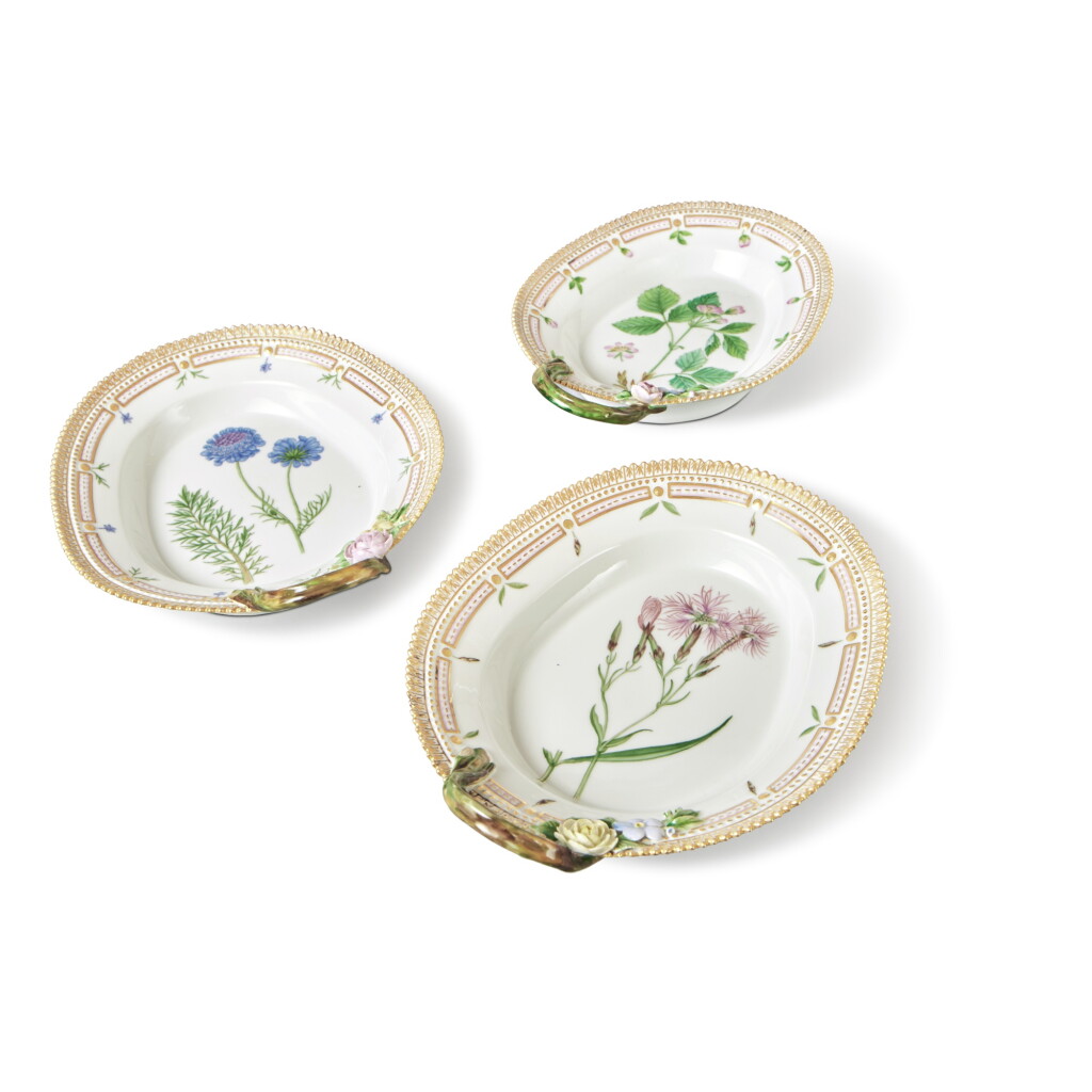 View full screen - View 1 of Lot 1197. Three Royal Copenhagen 'Flora Danica' Handled Leaf Shaped Dishes, Modern.