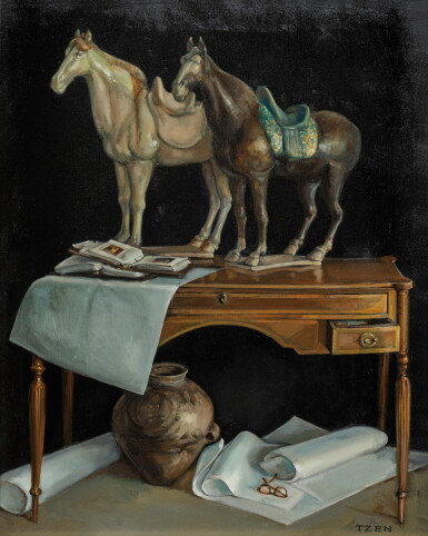 View full screen - View 1 of Lot 1215. Augustinus Tzen, Two Tang Horses, oil on canvas, framed, 1988 | 曾仕猷 三彩馬靜物 油畫畫布 裝框 1988年作.