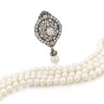 Cultured pearl and diamond brooch and necklace | Spilla in diamanti e perle coltivate e collana in perle coltivate