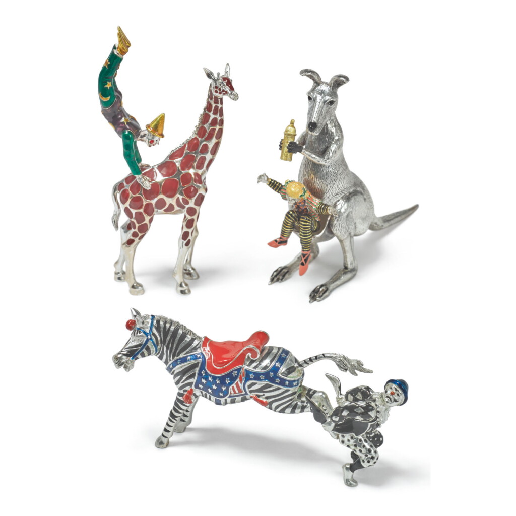 View full screen - View 1 of Lot 1850. ANIMALS AND CLOWNS: A GROUP OF SILVER AND ENAMEL CIRCUS FIGURES, DESIGNED BY GENE MOORE FOR TIFFANY & CO., NEW YORK, CIRCA 1990.