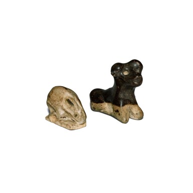 View full screen - View 1 of Lot 961. Two miniature glazed stoneware figures of animals, Song dynasty | 宋 黑釉及白釉袖珍動物把件一組兩件.