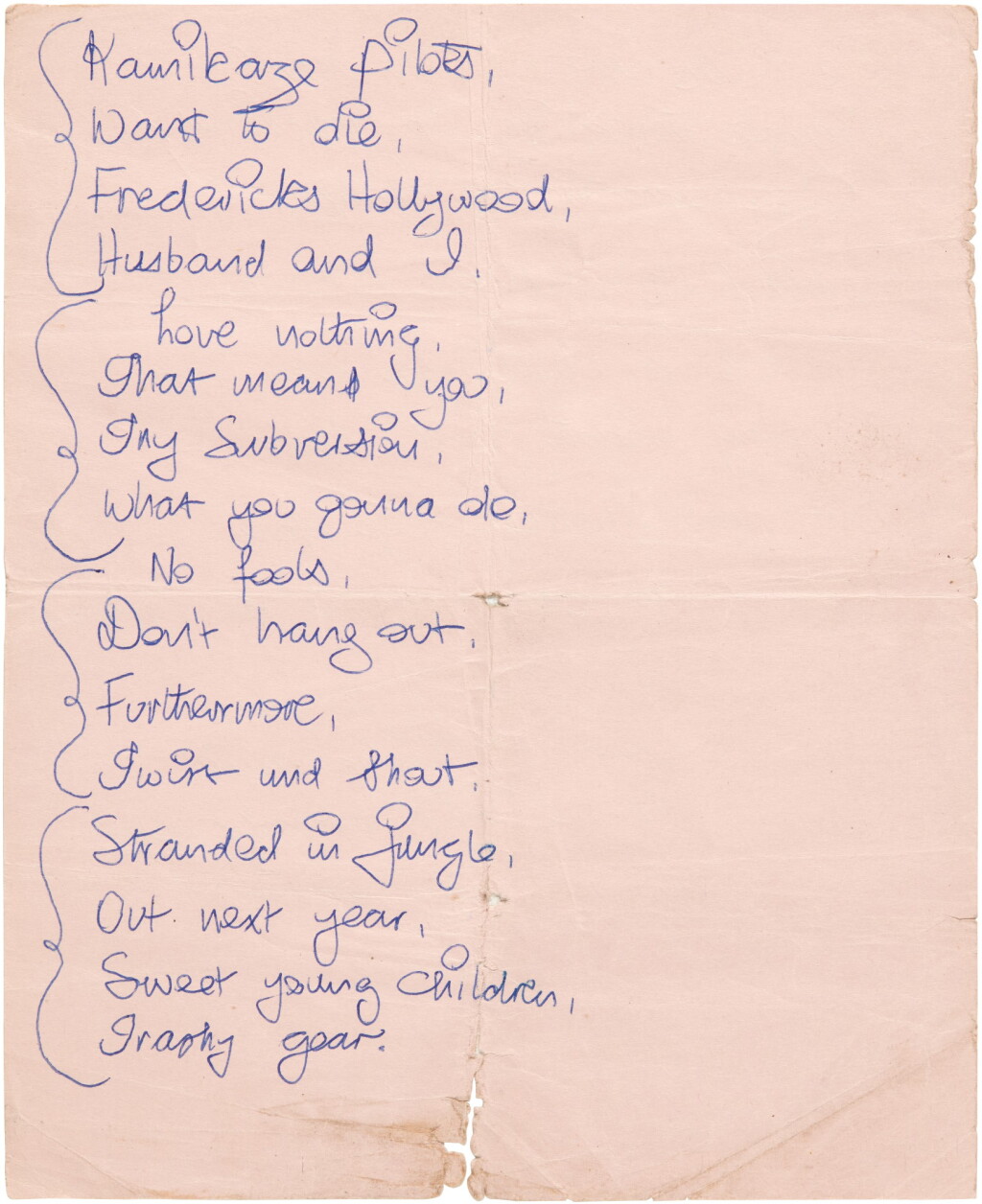 View full screen - View 1 of Lot 20. Sid Vicious | Kamikaze Pilots, handwritten song lyrics, c. 1976.