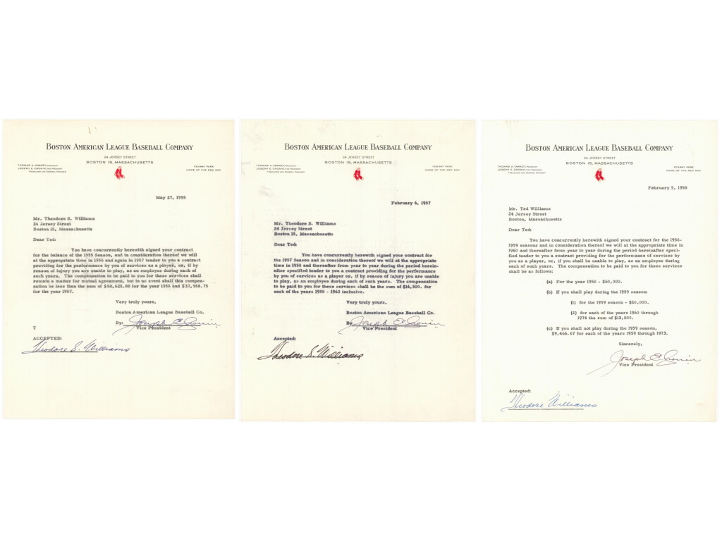 View full screen - View 1 of Lot 102. 1955-1958 Ted Williams Signed Boston Red Sox Player Contract Cover Letters Including Annuitized Post Career Contract Payment Schedule (Psa/Dna & Jsa).