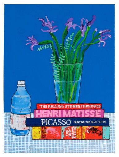 View full screen - View 1 of Lot 388. Still Life w/ David Hockney Irises and Evian Bottle on Art Books.