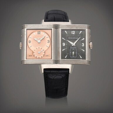 View full screen - View 1 of Lot 447. Reverso, Reference 270340545B | A white gold reversible dual time zone wristwatch with day/night indication | Circa 2002.