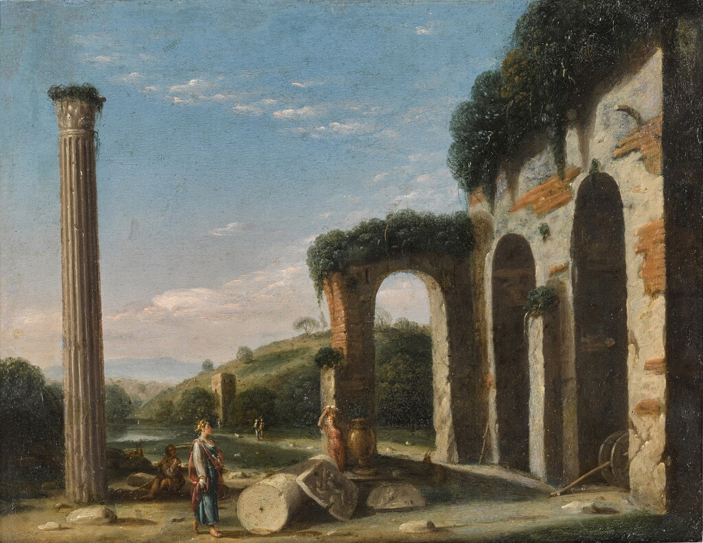 View full screen - View 1 of Lot 122. A capriccio landscape with figures beside ancient ruins and a column.