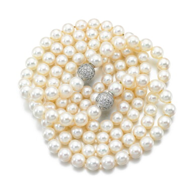 View full screen - View 1 of Lot 105. TWO CULTURED PEARL AND DIAMOND NECKLACES.