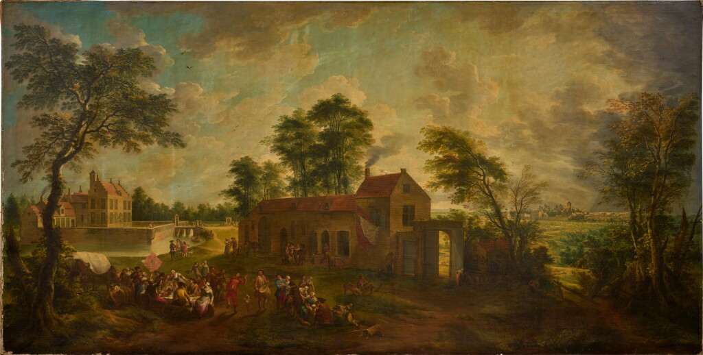 View full screen - View 1 of Lot 67. Peasants feasting in front of a castle with the village of Dudzele, near Bruges, in the background.