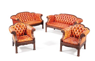 View full screen - View 1 of Lot 158. Two pairs of "Chesterfield" carved mahogany bergères and sofas, England, early 20th century .