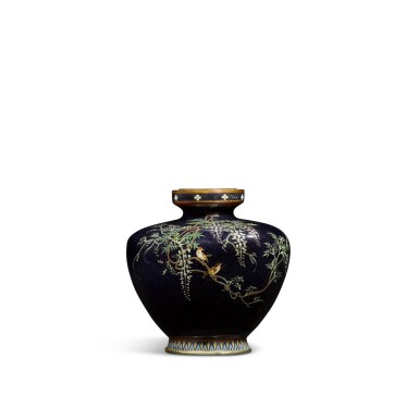 View full screen - View 1 of Lot 64. A cloisonné enamel vase with sparrows and wisteria | Attributed to Hayashi Kodenji (1831-1915) | Meiji period, late 19th century.