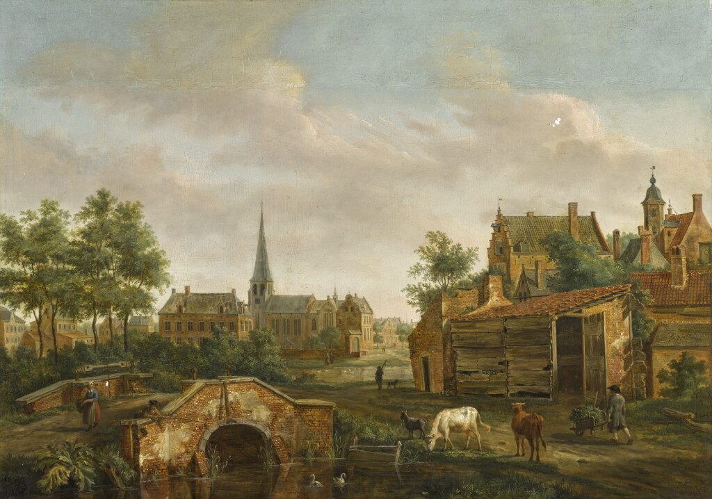 View full screen - View 1 of Lot 152. HENDRIK FRANS DE CORT | A town scene with cattle by a bridge.