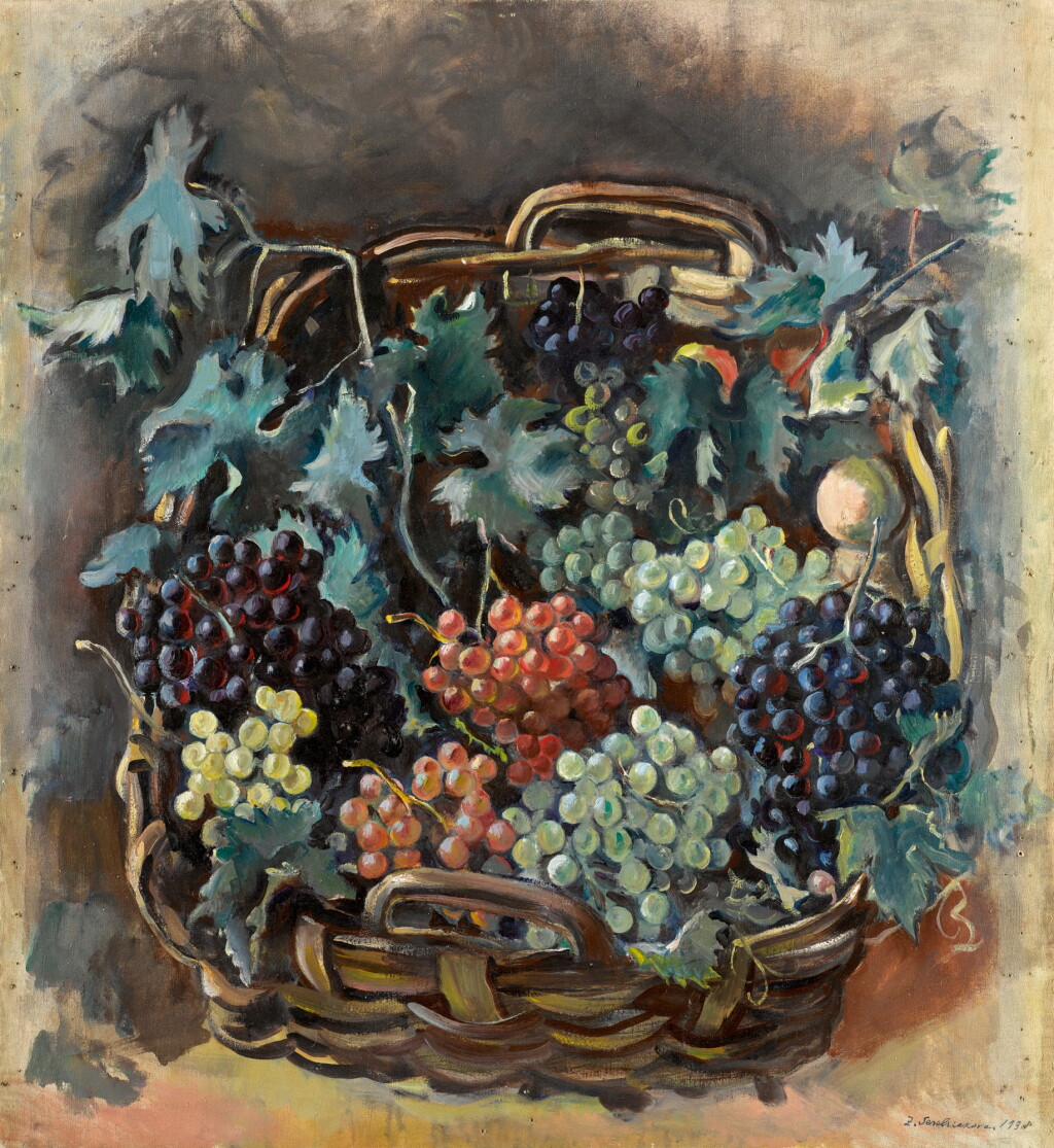 View full screen - View 1 of Lot 12. ZINAIDA EVGENIEVNA SEREBRIAKOVA | STILL LIFE WITH BASKET OF GRAPES.