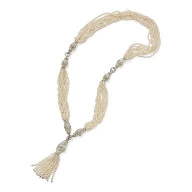 View full screen - View 1 of Lot 61. CULTURED PEARL, ROCK CRYSTAL AND DIAMOND SAUTOIR .