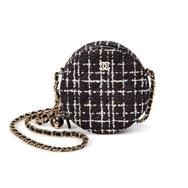 View full screen - View 1 of Lot 1044. Black, White and Multicolor Tweed Round Clutch with Chain Gold Hardware, 2019.
