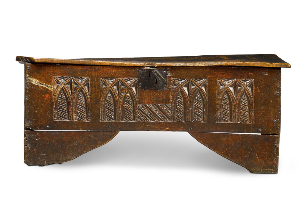 View full screen - View 1 of Lot 5. A rare English oak boarded and relief carved chest, late 15th / early 16th century.