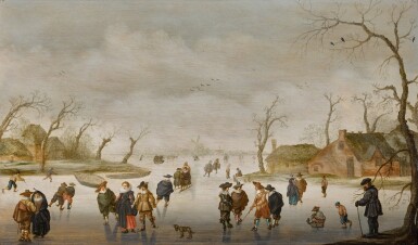 View full screen - View 1 of Lot 12. Winter landscape with elegant figures playing kolf and skating on a frozen river.