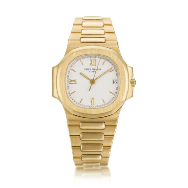 View full screen - View 1 of Lot 452. PATEK PHILIPPE | NAUTILUS, REF 3800/1 YELLOW GOLD BRACELET WATCH WITH DATE MADE IN 1989.