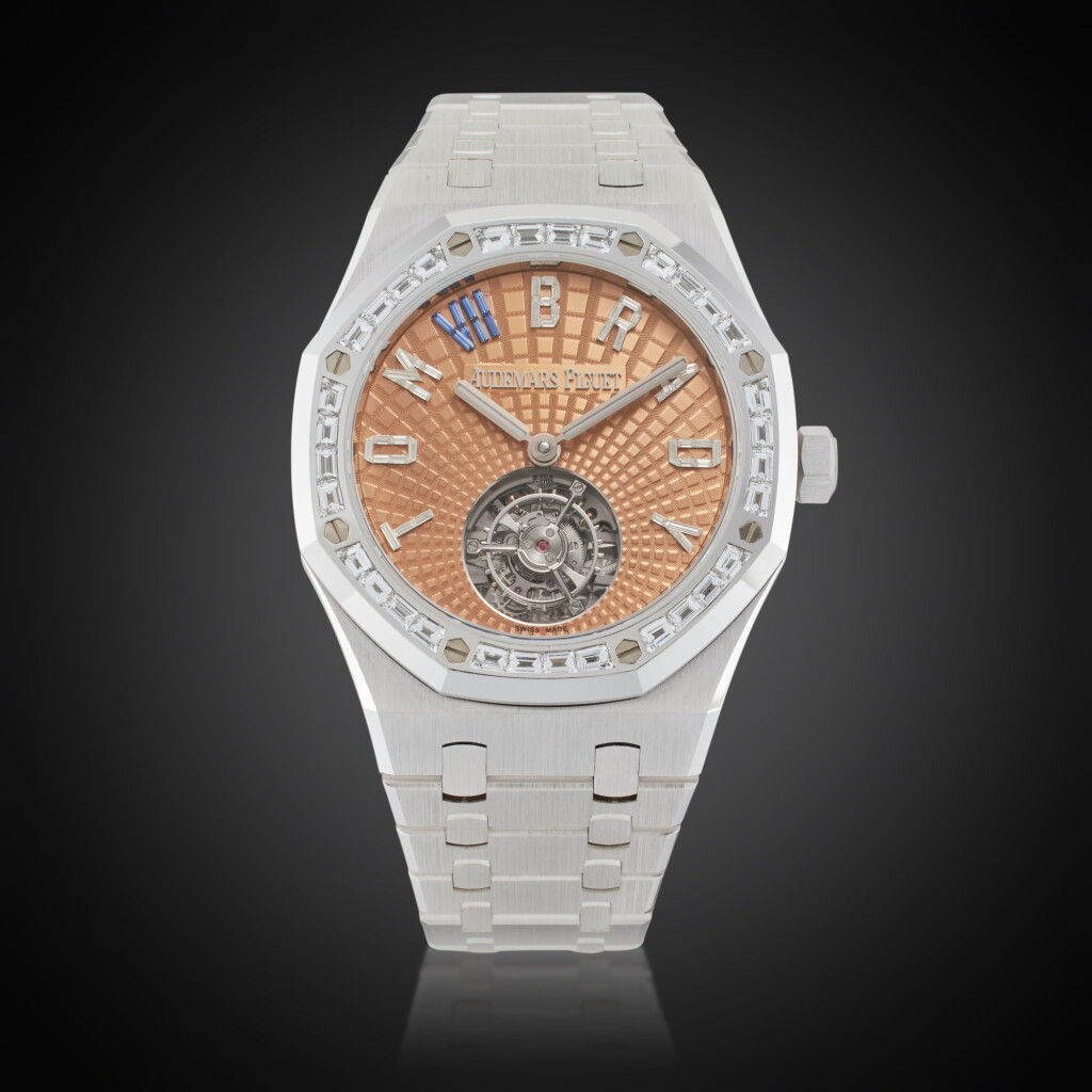 View full screen - View 1 of Lot 41. Reference 26730BC.ZZ.1320BC.99 Royal Oak 'The Roast' | A piece unique white gold and diamond-set flying tourbillon wristwatch with bracelet, Owned and Worn by Tom Brady, Circa 2024.