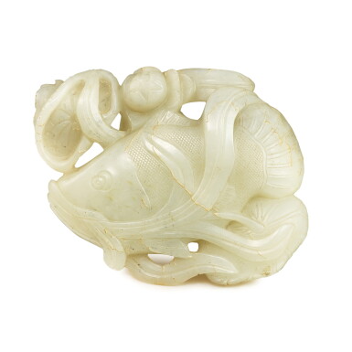 View full screen - View 1 of Lot 485. A jade 'fish and lotus' pendant, 17th century 十七世紀 玉魚銜荷.