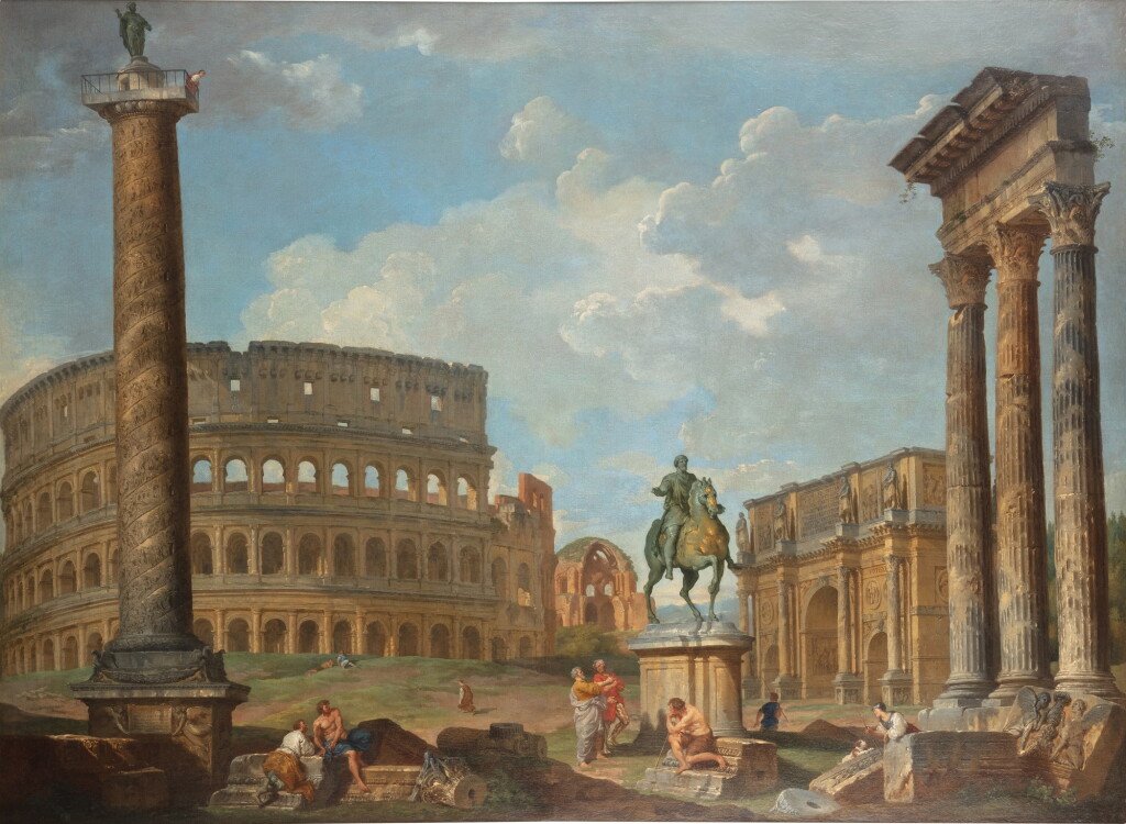 View full screen - View 1 of Lot 18. Rome, a capriccio view of the Colosseum, Trajan's Column, the statue of Marcus Aurelius, and the Arch of Constantine.
