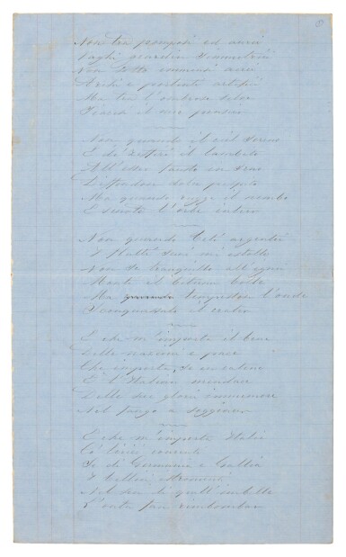 View full screen - View 1 of Lot 58. Giuseppe Garibaldi | Autograph manuscript poem on the misfortunes of Italy, 1855.